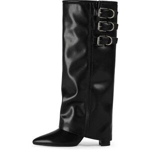 Women Black-buckle Faux Leather Fold Over Knee High Chunky High Heels Boot